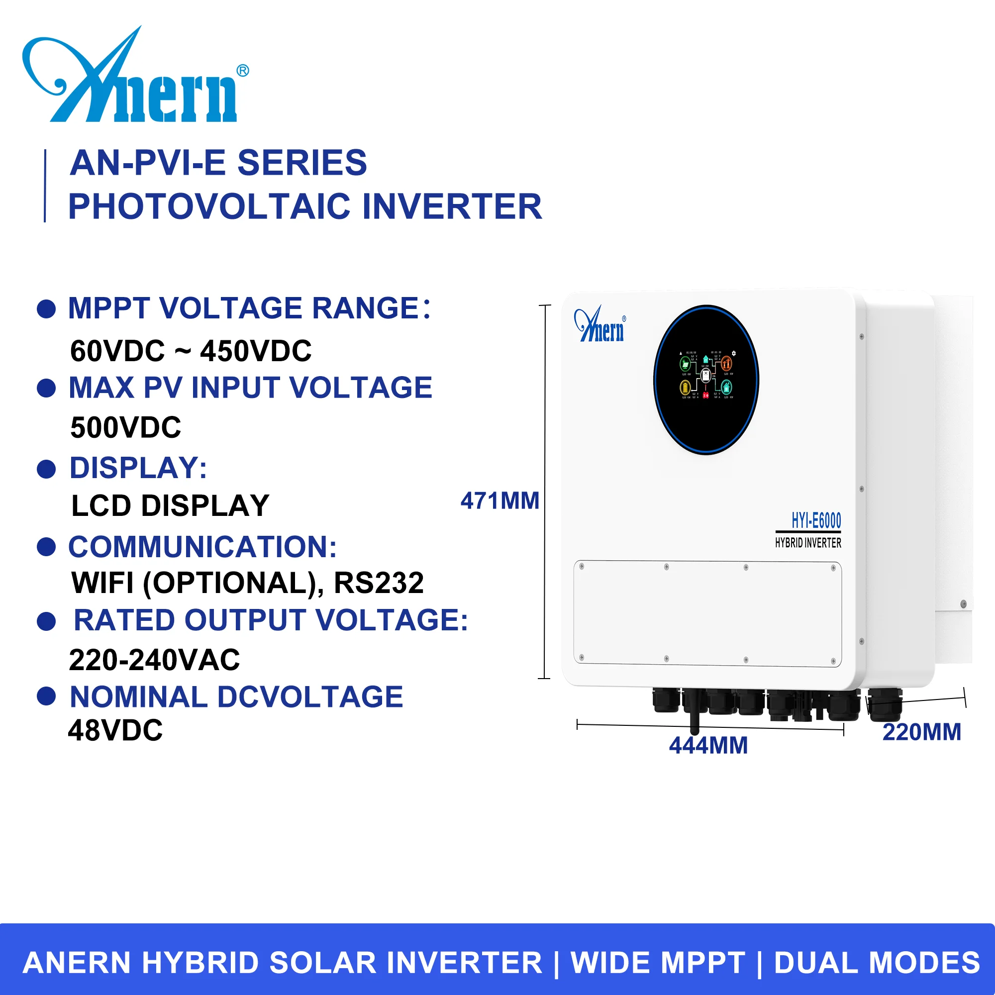 Hybrid Solar Inverter 6KW Single Phase Parallel Inverters Max. PV 500Vdc