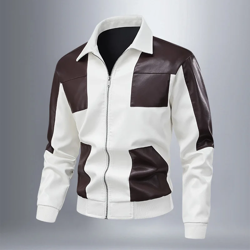 Autumn Men Leather Coat New Motorcycle Punk Contrast Color Patchwork Man Outerwear Turn Down Collar Long Sleeve Man Jacket