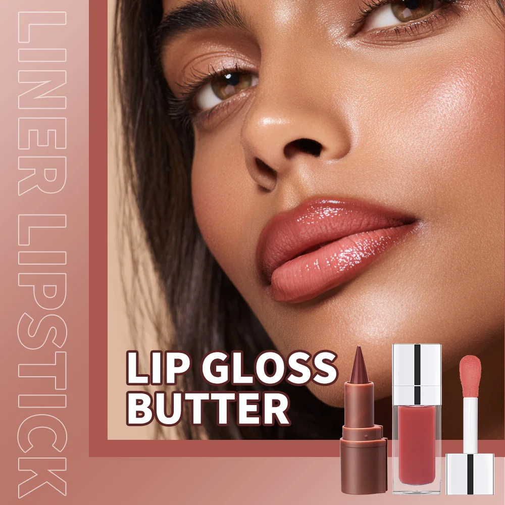 ลิปไลเนอร์พร้อมลิปกลอส ชุดคอมโบ ลิปกลอสสีน้ำตาลเข้ม ชมพู นู้ด กลอสเงา ติดทนนาน ชุ่มชื้น ชุดแต่งหน้าสำหรับริมฝีปาก