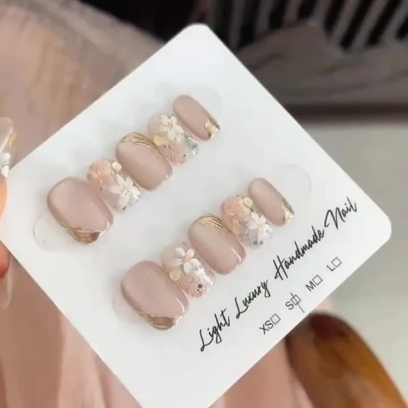 

10pcs Handmade Nail Tips Short Press on Nails Acrylic Pink Cat Eye Nail Art Flower False Nails with Glue Sticky Nails for Girls