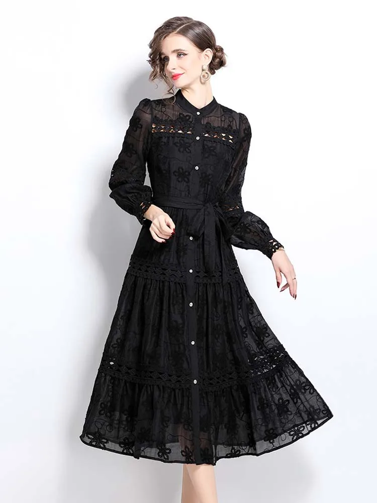 Elegancka sukienka koszulowa z kwiatowym haftem z szarfami damska z długim rękawem koronkowa patchworkowa sukienka Midi drążą 2025 lato 5D085