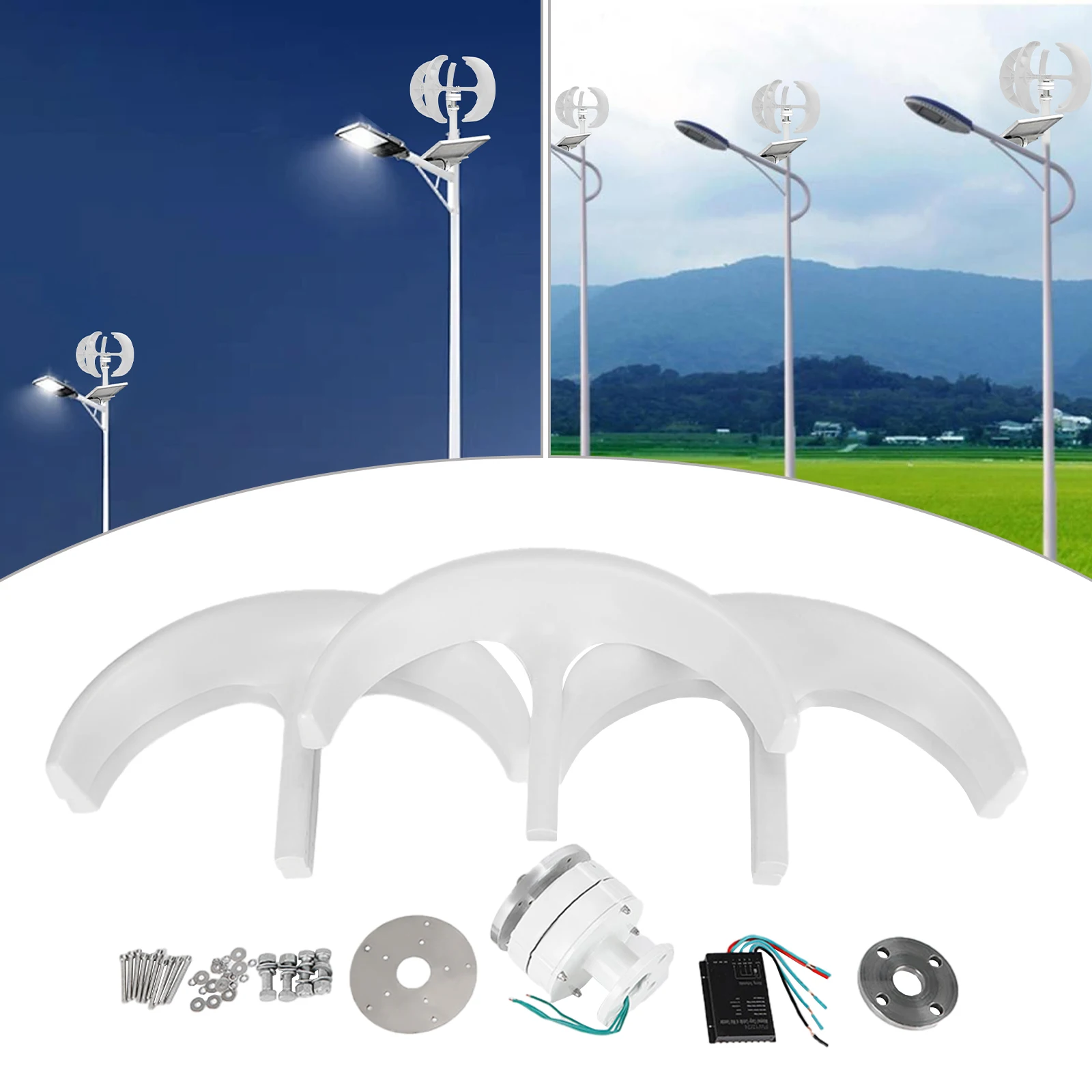 600W 24V Lantern Type 5-Blade Vertical Axis Wind Turbine Generator Garden Boat Wind Motor w/Controller Flange Plate