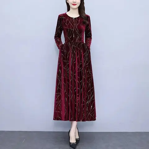 Golden Velvet Fashion Brand High Neck Bottom Dress Women 2025 Autumn/Winter New Loose Slim Retro Style Long Dress A-line Skirt