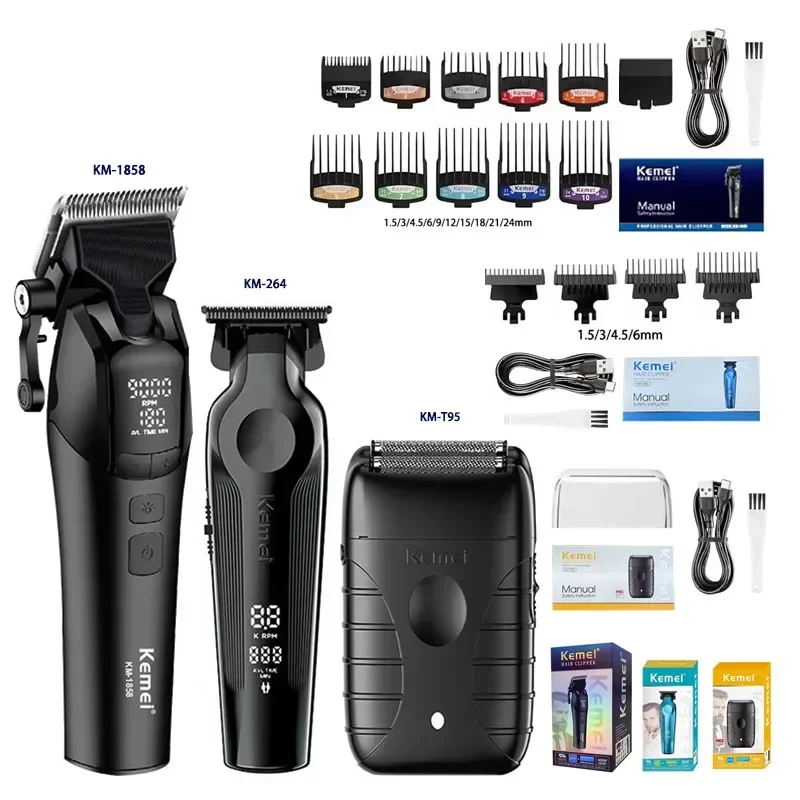 Kemei KM-1858 9000 RPM 10 W Tondeuse KM-264 Oplaadbare Elektrische Trimmer Originele KM-T95 Scheerapparaat voor Mannen Kapper tondeuse Kit