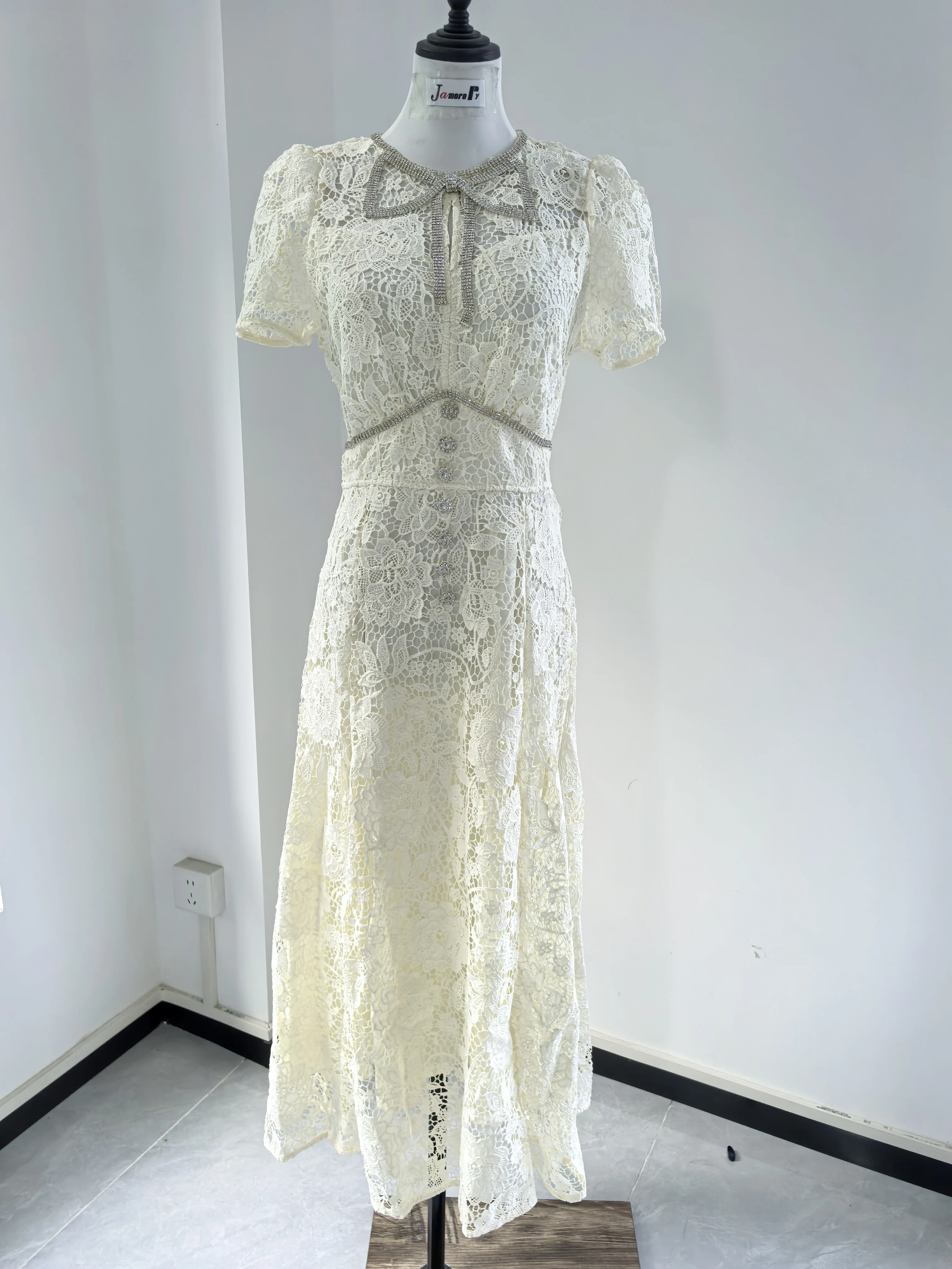 Elegant Flower Embroidery Hollow Out Lace Long Dresses Women\'s 2025 Summer Crystal Bow Eveng Party Dress Wedding Bridesmaid Robe