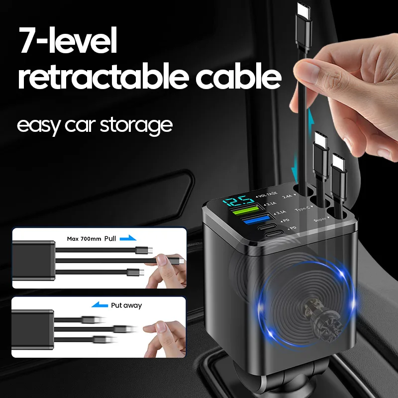 7 in 1 Car Charger with Retractable 3 Type C Cable Car Cigarette Lighter Adapter USB C To ios Cable For iPhone Xiaomi Samsung