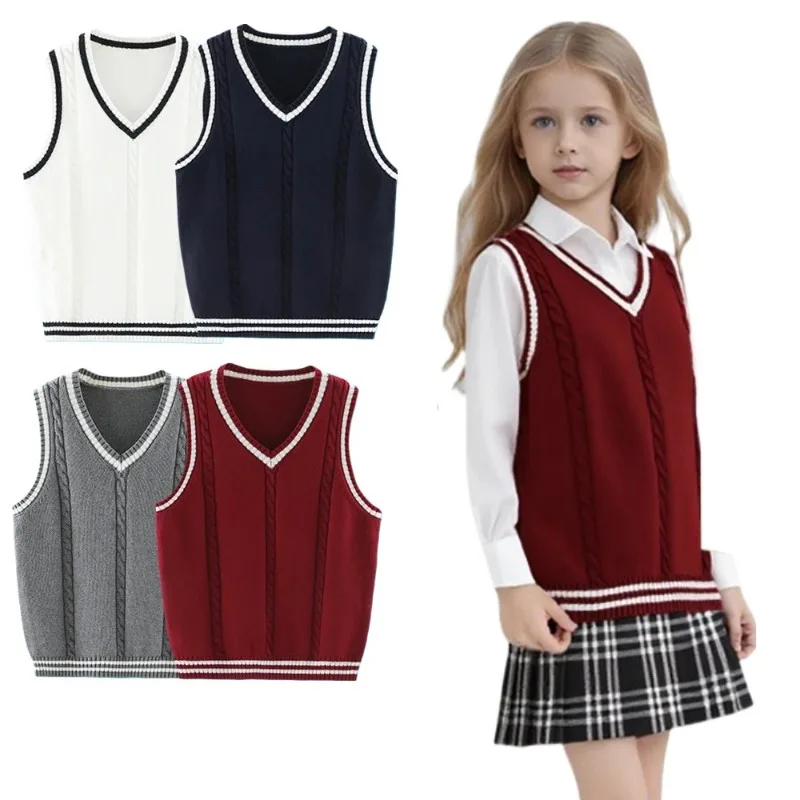 Boy Girl Cable Knit Sleeveless Vest V Neck Striped Edge Knit Waistcoat Multi Color Kids School Uniform Daily Layering Outer Top