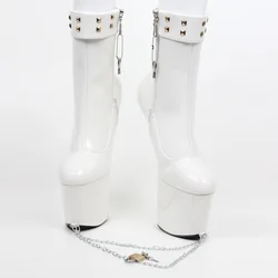 FHC Women Fetish Chain Lock Boots,Platforms High Heels Ankle Botas,Men Pole Dance Cosplay Shoes,Stage Show,Ponyplay,20cm,White,