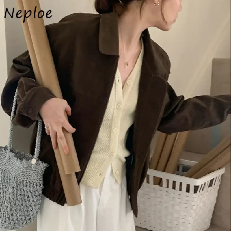 Neploe French Vintage High-End Zipper Leather Jacket Femme 2024 Autumn Streetwear Slim Solid Color  Long Sleeve Lapel Coats