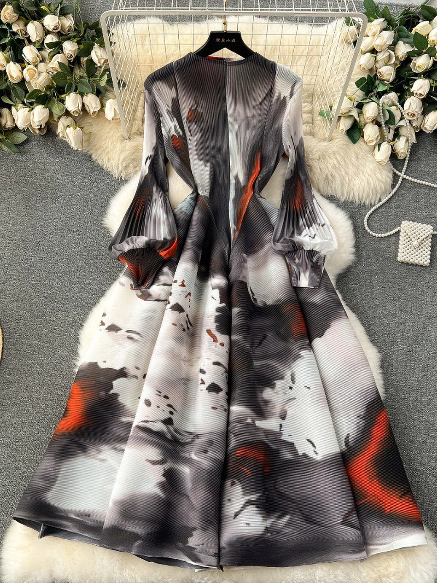 ANLAN Maxi Pleated Dress Print Color Block Full Sleeve Fold Holiday Outfits Womens 2024 New Summer Luxury Party Clothes 2A705