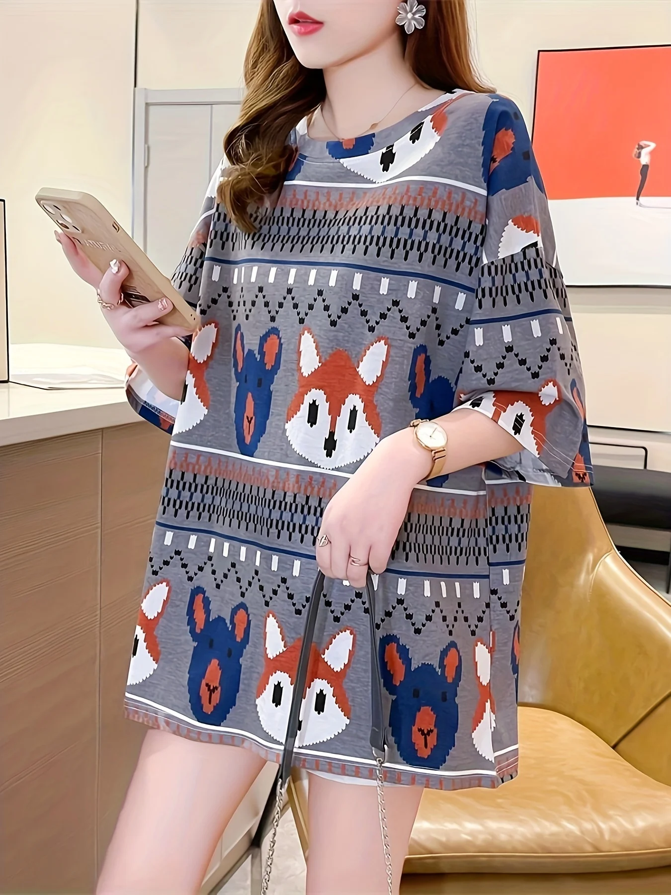 

Large-sized Loose, Fashionable and Trendy, Slimming Cartoon Round-neck Printed Mid-length Short-sleeved T-shirt for Women