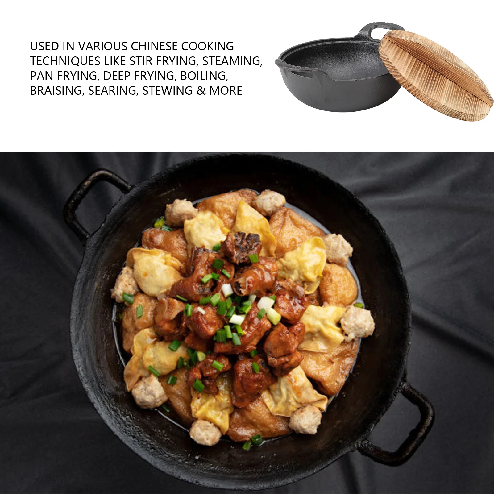 Cast Iron Wok Wooden Lid Flat Base 2 Loop Handle Even Heat  Multifunctional Stir Fry Pan for Kitchen