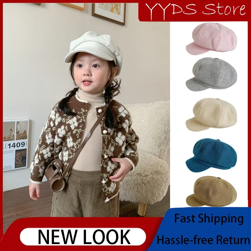 Children's Beret Hats Japanese Short-brimmed Color Boy and Girl Duck Tongue Berets Winter Art Vintage Baby Plaid Newsboy Hat