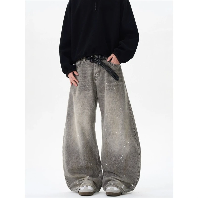 Retro Washed Grey Splash Ink Curved Knife Jeans Men Women American Street Trendy Loose Denim Casual Long Pants