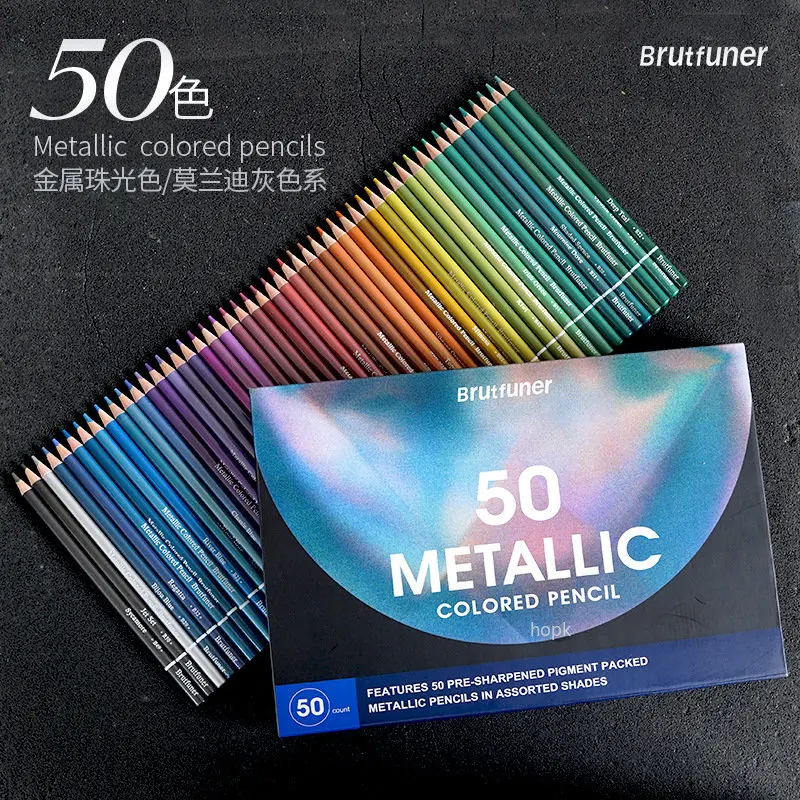 Imagem -02 - Brutfuner 50 Cor Metálico Lápis Coloridos Óleo Madeira Macia Aquarela Lápis para a Escola Desenhar Esboço Professional Art Supplies