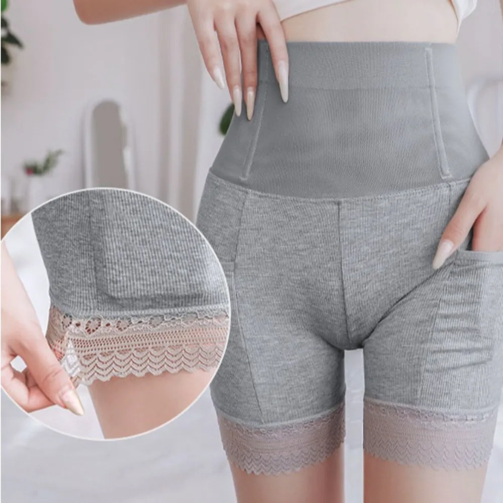 Anti-glare Lace Safety Pants with Pocket Seamless Flat Belly Lace Tummy Control Safety Shorts Body Shaper High Waist