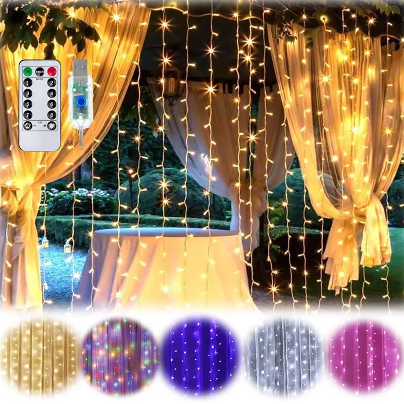 LED Curtain String Lights Christmas Garland Decor Fairy Light 8 Modes USB Remote Control Wedding Holiday Party for Bedroom Home