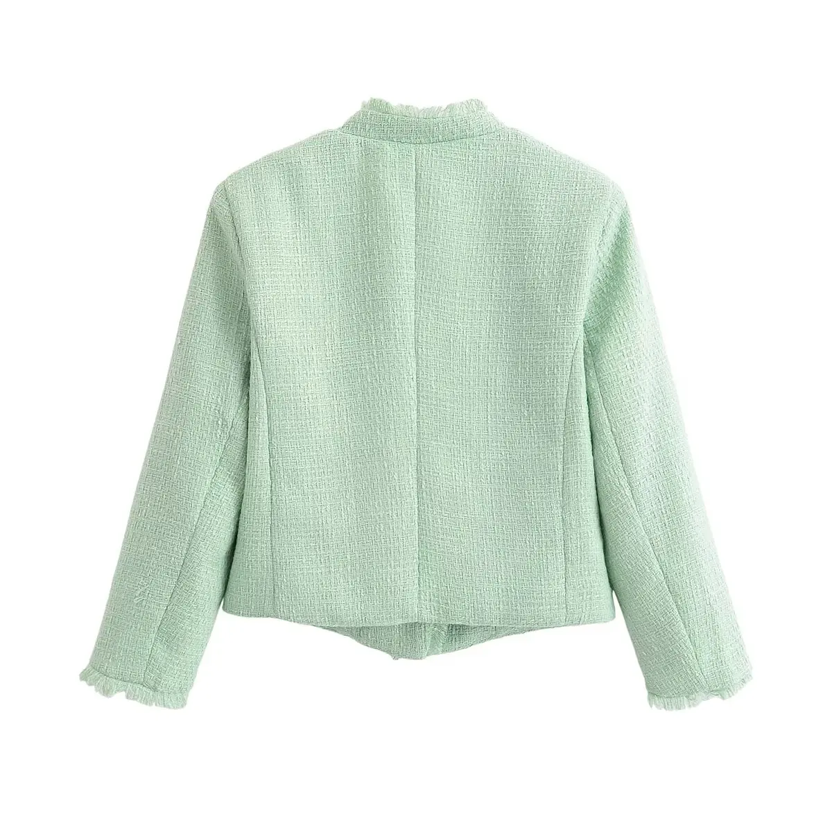 NINE ZAR Women's Short Stand Collar Jacket with Fringe Coarse Weave Style Quilted Vest European Style Long Sleeve Coat