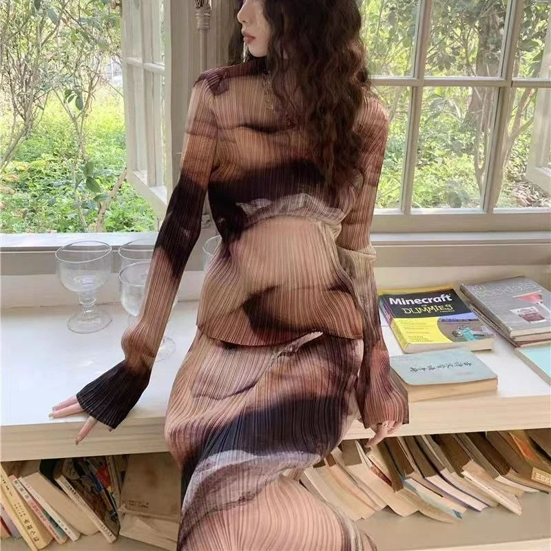 

Elegant Temperament Versatile Design Sense Korean-style Printed Pleated Semi-high-neck Long-sleeved Top and Skirt Set for Women