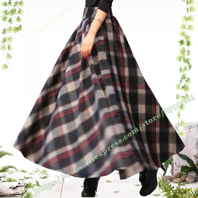 Women's Clothing Plus Large Size 6XL Vintage Casual Plaid Woolen Ladies Skirt for Womens Winter Female Long Skirts with Scarf