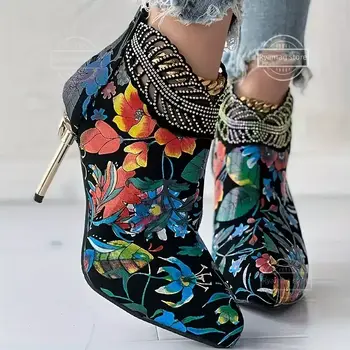 女式花卉圖案靴子,後拉鍊水鑽細高跟鞋,刺繡靴子,女式 Zapatos De Mujer 8 最佳銷售 花卉靴 - №5