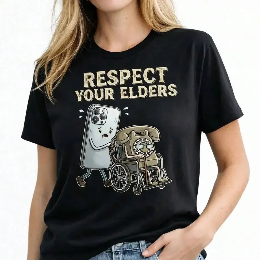 2026 Fashion New Respect Your Elders Graphic Tee Modern Smartphone Retro Rotary Phone Gadget Evolution Humor Print Soft Cotton Casual Basic Top Tee