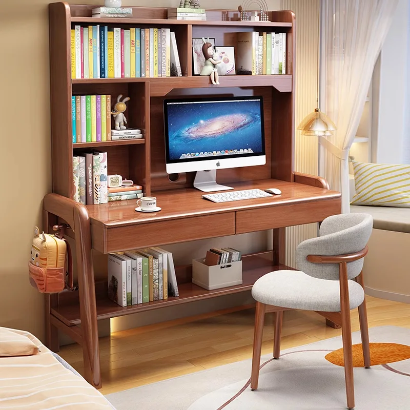 Children's desk bookshelf integrated student home writing bedroom all solid wood computer  simple desk