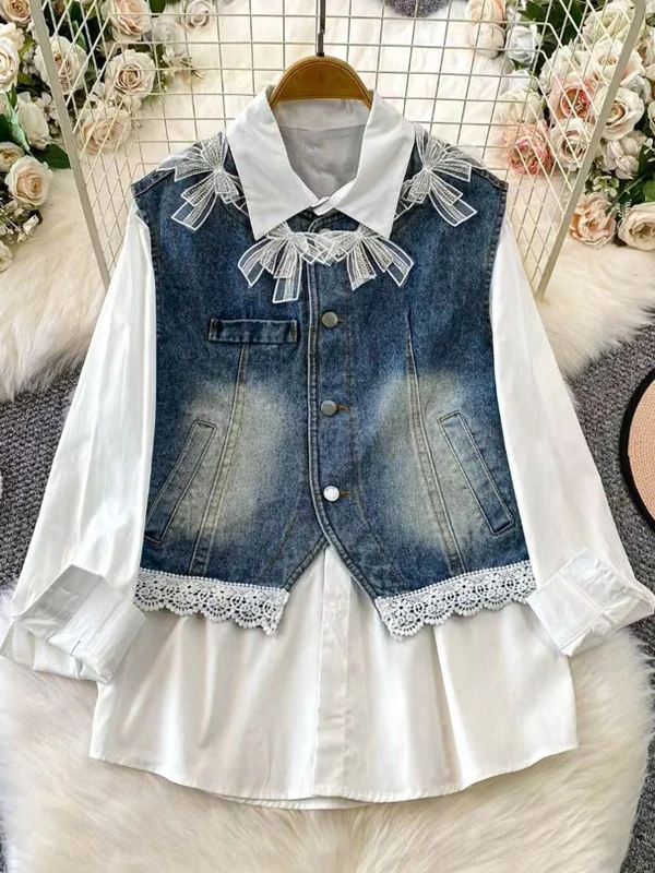 

Женский джинсовый жилет для похудения, весна 2026, свободный повседневный универсальный топ с подплечниками, модный комплект с высокой талией, однотонный