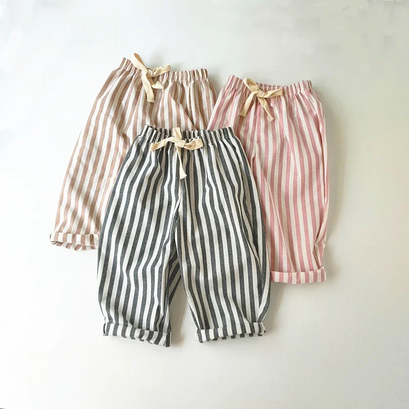 Spring Summer Boys Striped Loose Pants Baby Girl Vintage Casual Linen Cotton Harlan Pants Kids Lace-up Pant Children Clothing