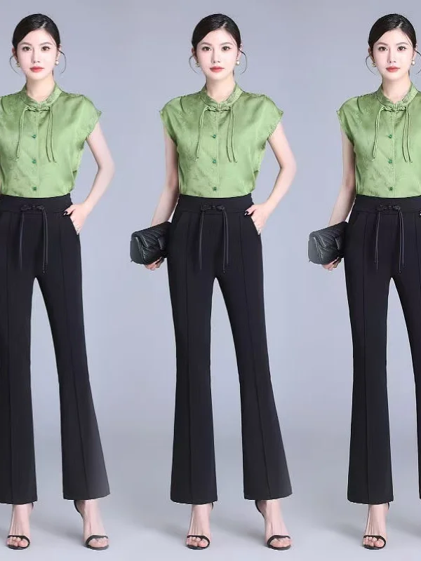 

Summer Thin High Waist Gauze Pants with Buckles Elegant Lady Trousers Drapey Wide Leg Pants Comfortable Polyester Fiber