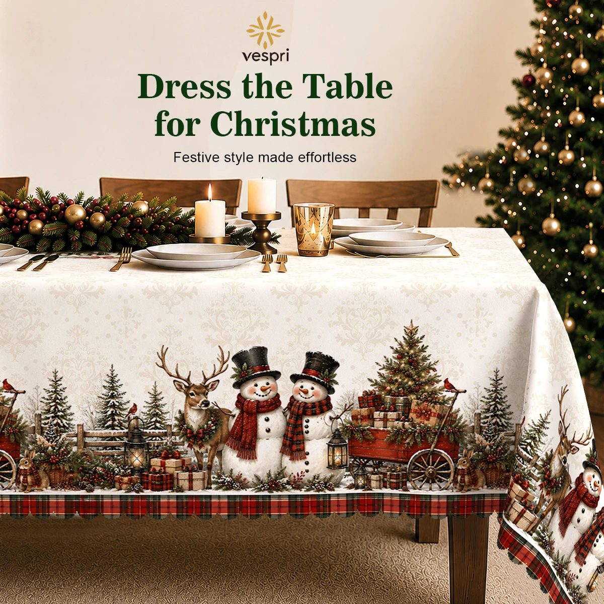 Farmhouse Tablecloth with Trees, Snowmen, Barn & Deer for Indoor/Outdoor Camping decor, Rectangular/Round/Oval