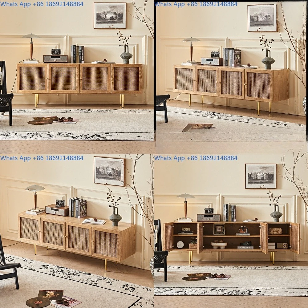 

Wabi Sabi Style Rattan Woven Living Room Solid Wood TV Cabinet with Four Doors Minimalist Vintage Design Floor Storage