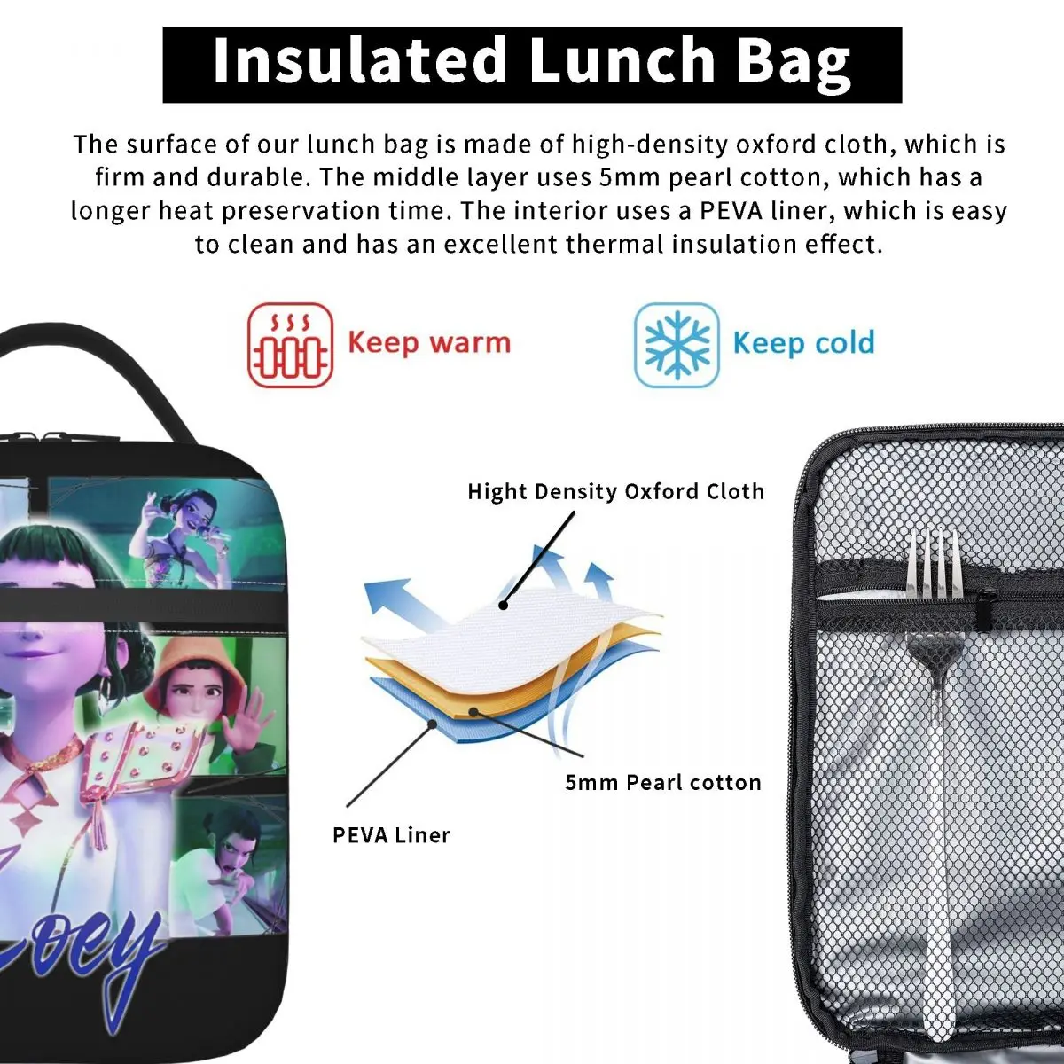 زوي هنتركس KPOP شيطان الصيادين حقيبة الغداء للطفل طباعة علب الاغذية نزهة حقيبة للحفاظ على البرودة المحمولة معزول أكسفورد حمل أكياس الغذاء