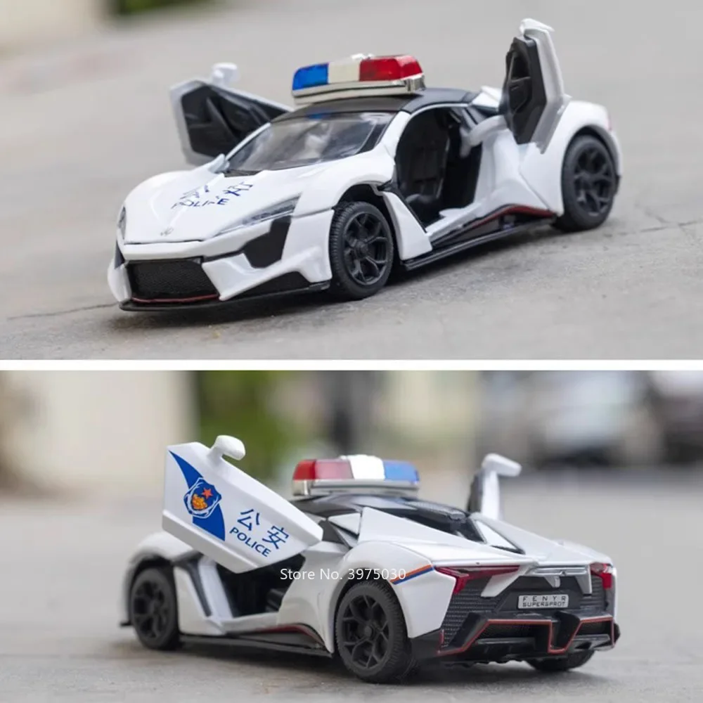 1:32 Alloy Diecast Lykan Police Cars Models Toys 4 Doors Opened Vehicle Wheel Pull Back with Light Music Car Kids Festival Gifts