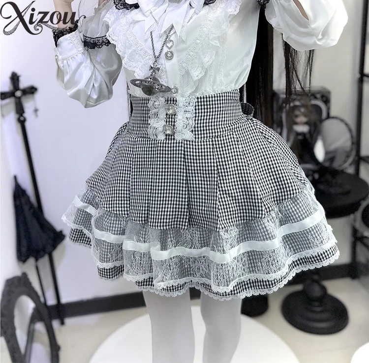 Kawaii-Rock mit hoher Taille, Mine-Serie, in Massenform, japanischer Lolita-Stil, vielseitige Spitze, Spleißen, Sommer, lässige Miniröcke
