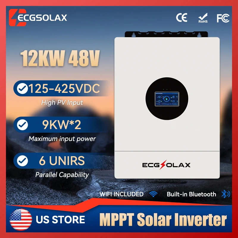 ECGSOLAX 12KW Hybrid Solar Inverter 48V 110V/240V Split Phase Pure Sine Wave Inverter With MPPT 200A Charging controller PV 500V