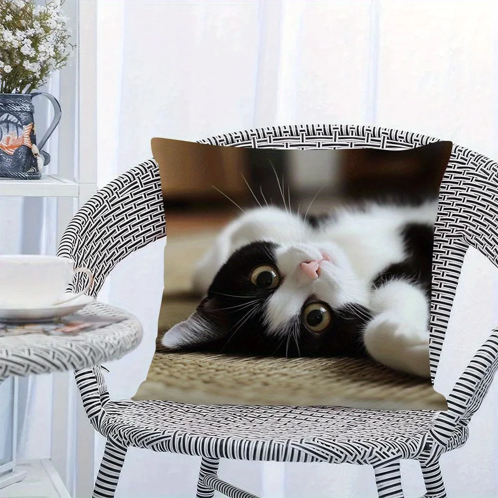 Funny Black White Cat Pillow Case, Cute Kitten Cushion Cover, Realistic Pet Art Home Decor for Sofa Bedroom Living Room Gift