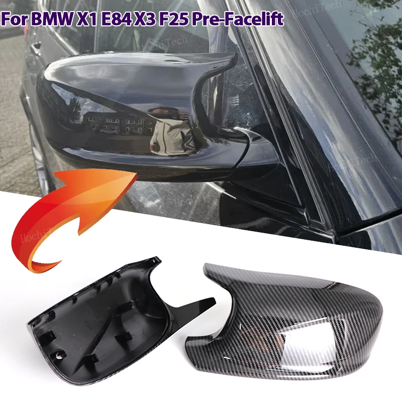 2x Carbon fiber pattern mirror cover Black mirror cover Overlay for BMW X3 F25 X1 E84 Pre-LCI 2010 2011 2012 2013 Case