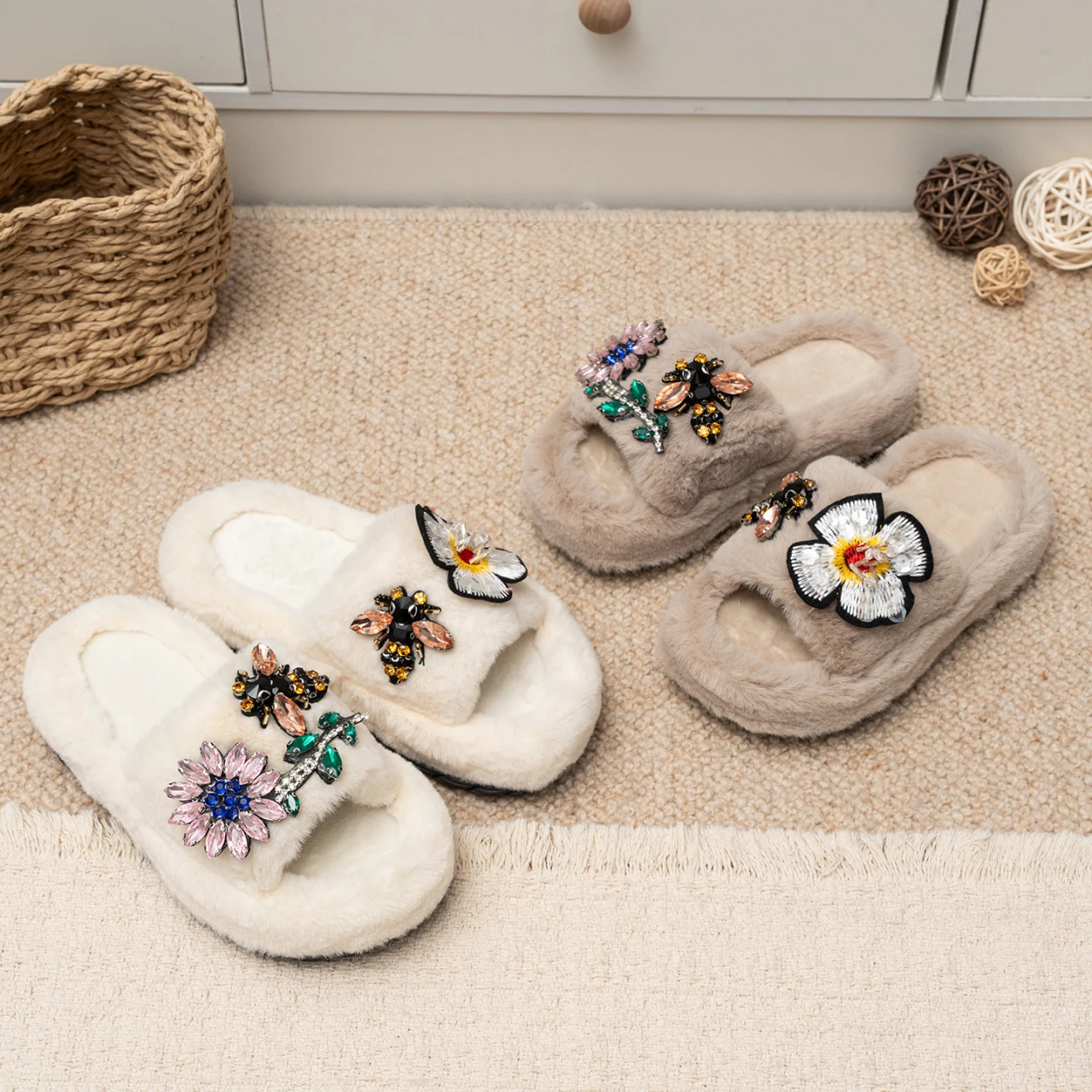 Kids Girls Warm Furry Slippers, Shiny Rhinestone Floral Decor, Non Slip Sole, Open Toe Plush Slides for Indoor Rest