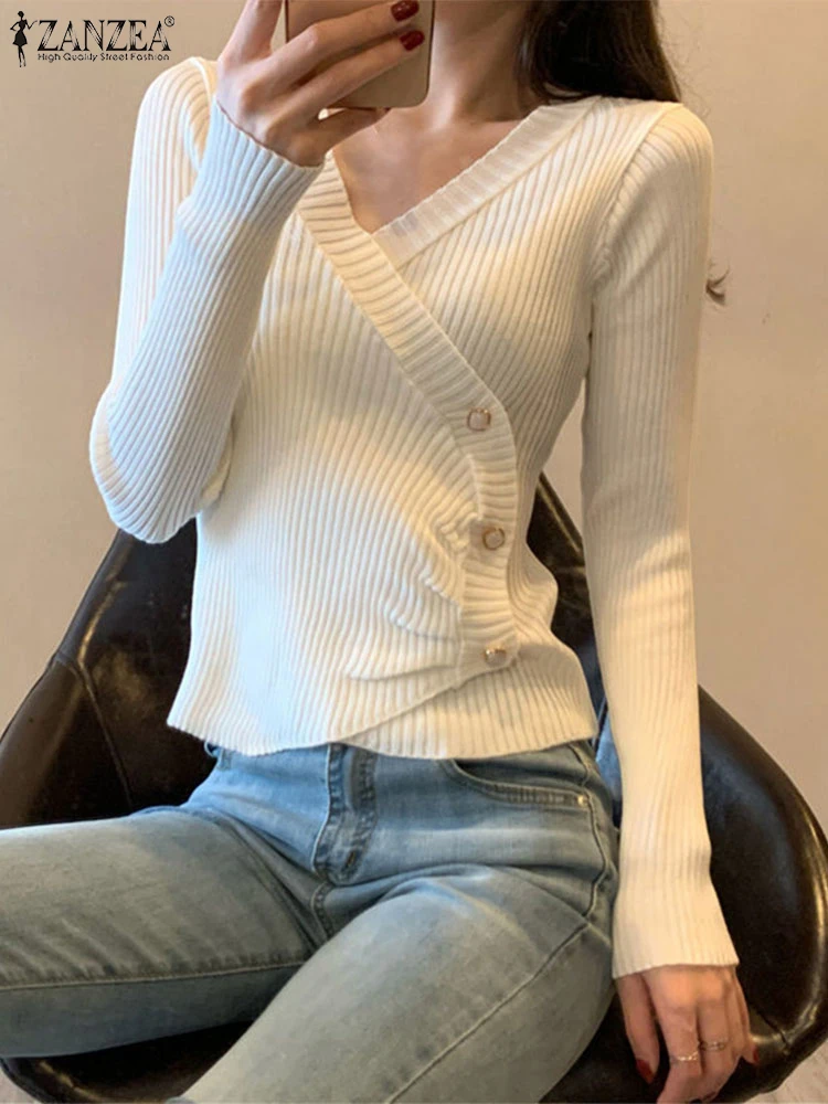 

2025 ZANZEA Stylish Autumn V Neck Slim Fit Sweaters Women Knitted Pullover Long Sleeve Sheath Sweater Casual Solid Color Jumpers