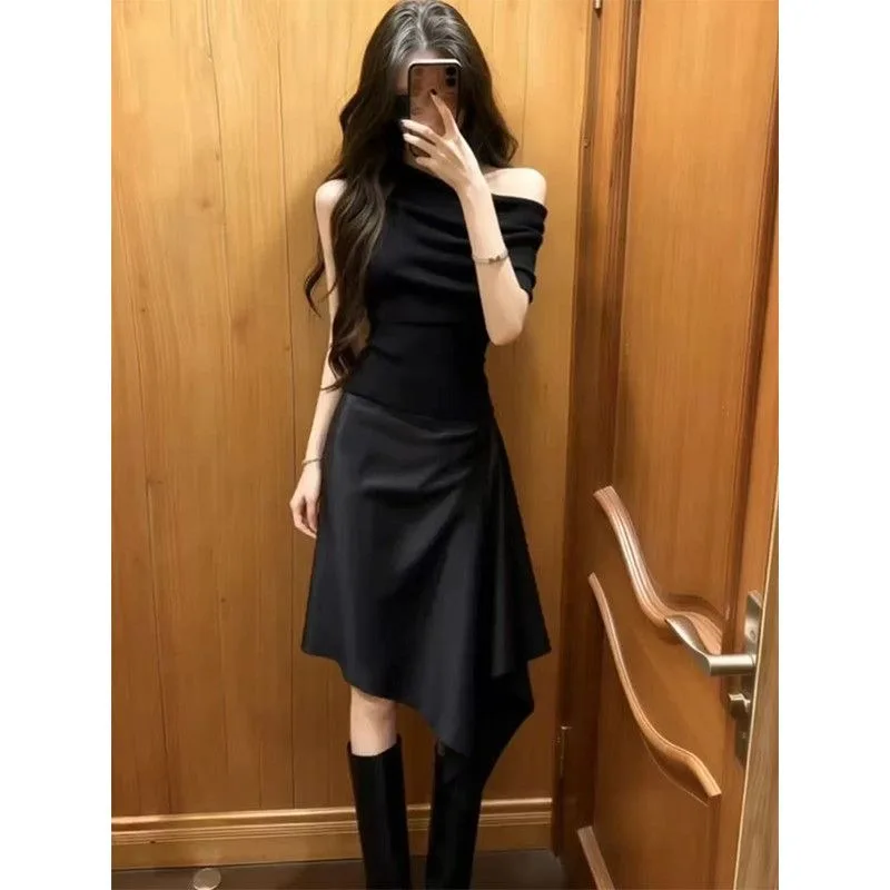 Women French Off Shoulder Short Sleeve Top High Waist Irregular Midi Skirt Elegant 2 Piece Outfit