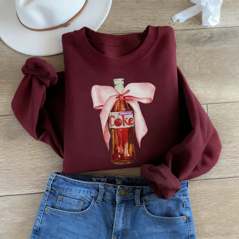 Pink Bow Cola Crewneck Sweatshirt Coke Lover I Need A Funny Long Sleeve Cherry Soda Autumn and Winter Commuter Thermal Hoodie view 6