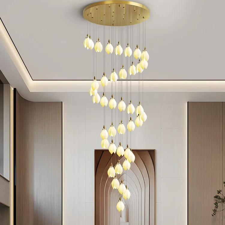 

Modern light luxury stair chandelier, living room bedroom lamp, villa aisle lamp, ceramic magnolia flower chandelier