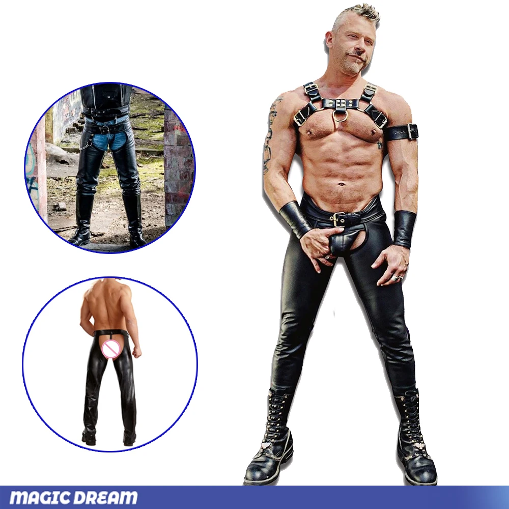 Pantalones de vaquero Wetlook con tangas para hombre, pantalones de cuero con mangas, Sexy, sin trasero, Chap, pantalones de Moto, trajes geniales,