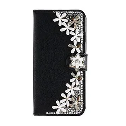 Bling Diamond Rhinestone Flower Case for iPhone 11 12 13 14 15 16 Pro Max XR XS 7 Case Black Leather Magnetic Flip Wallet Cover