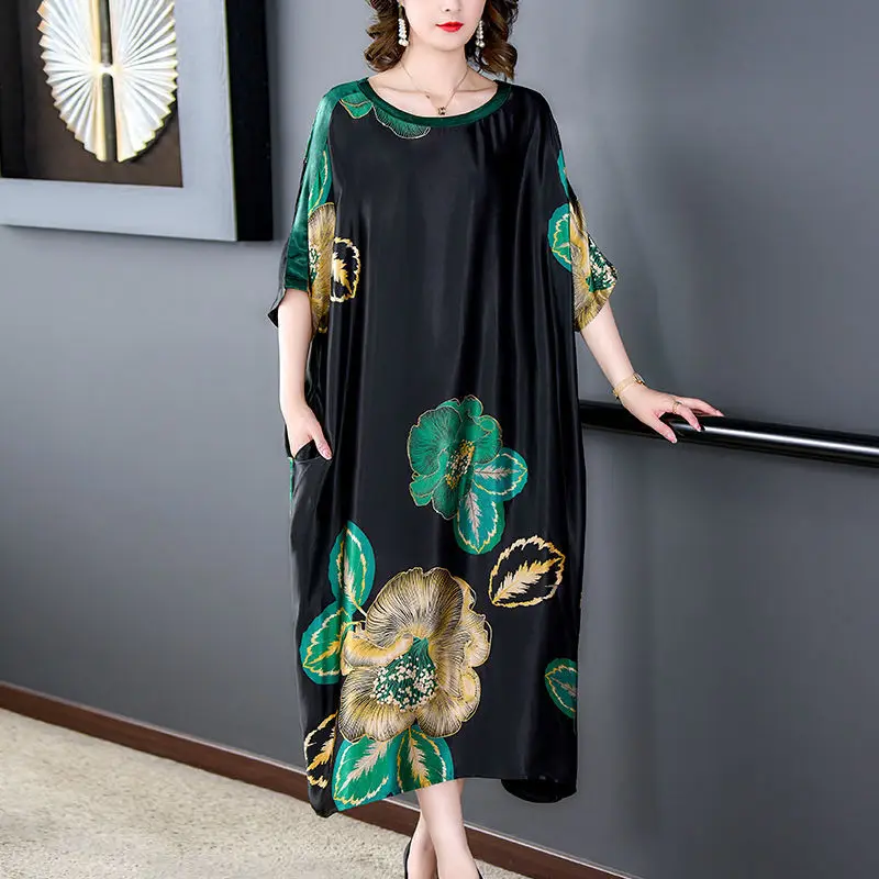 

Fashion O-Neck Pockets Loose Satin Printed Vintage Dress Women's Clothing 2024 Summer New Oversized Office Lady Midi Dress