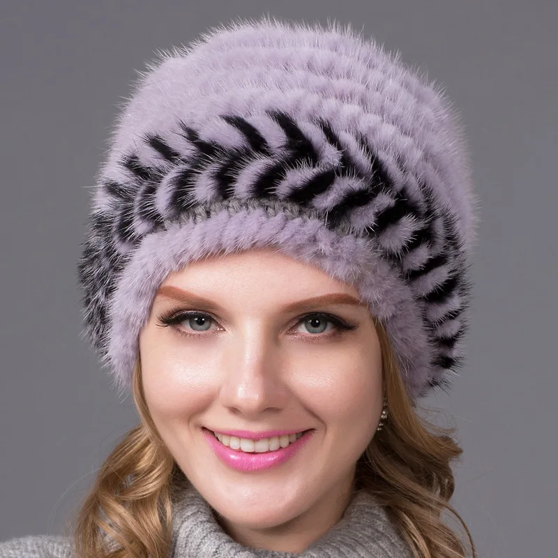 2024 High-Quality Mink Fur Woven Fur Hat for Women Fashionable Warm Thick Color Blocked Fur Ear Protection Hat for Winter