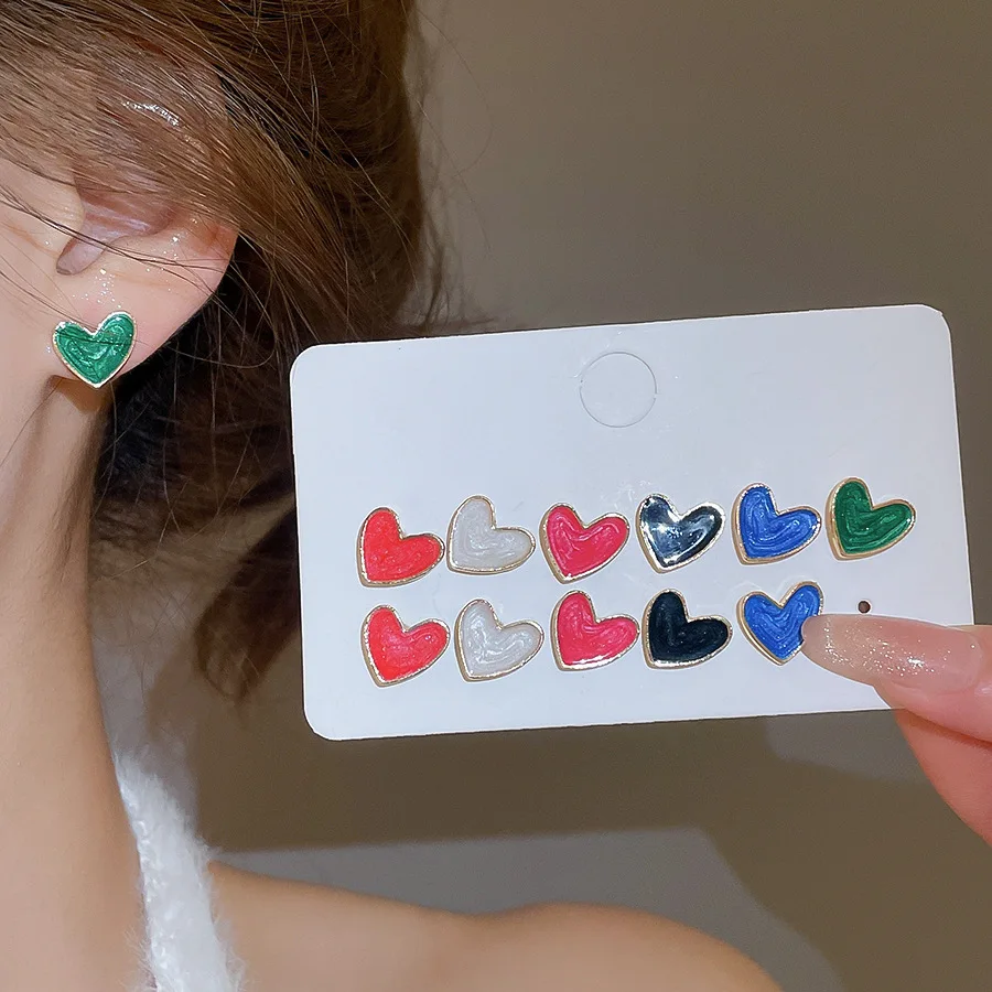 12 Pcs Multi-color Dripping Oil Square Heart Stud Earrings for Women Cute Small Irregular Ear Studs Daily Dating Jewelry Sets F