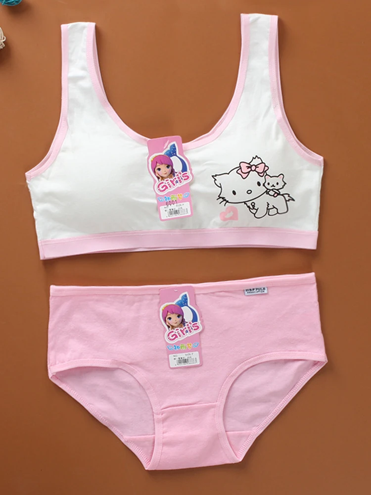 Cartoon Cotton Underwear Teen Girls Training Bras Briefs Sets Seamless Womens Panties Tank Top Bra Big Children Lingerie Vest