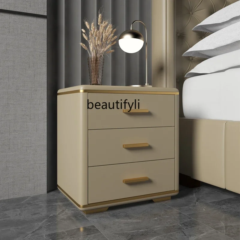 A15 crème Table de chevet Simple moderne lumière luxe chambre principale organisateur de rangement en cuir trois tiroirs armoire de chevet